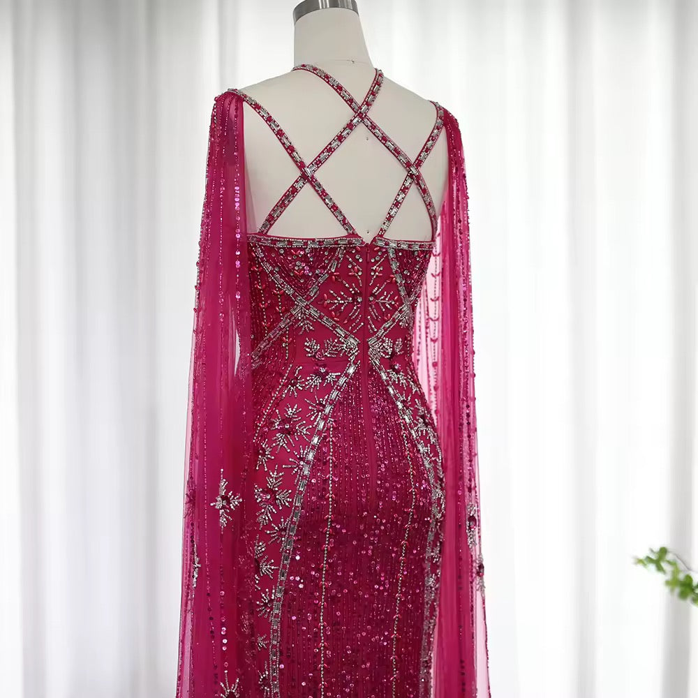 Elegant Beaded Gown with Open Sleeves and Crystal Detailing