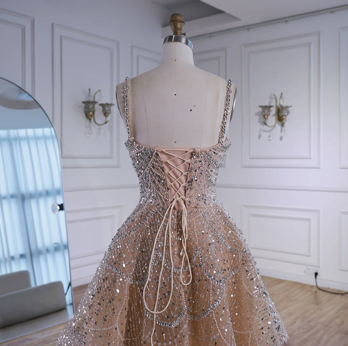Luxury Nude Crystal A-Line Short Sparkly Cocktail Party Dress
