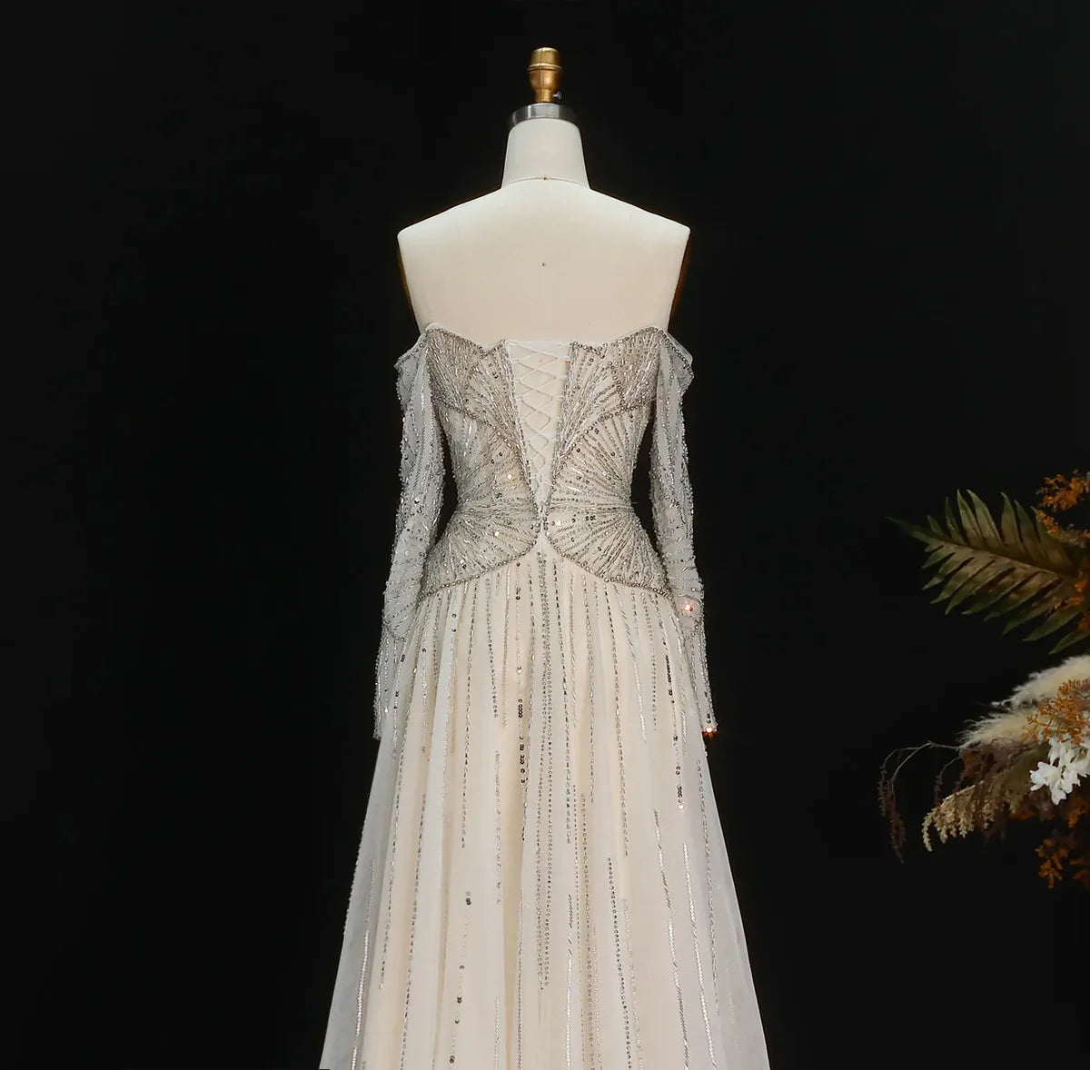 Luxury Off-the-Shoulder Gown with Radiating Linear Crystal Embroidery
