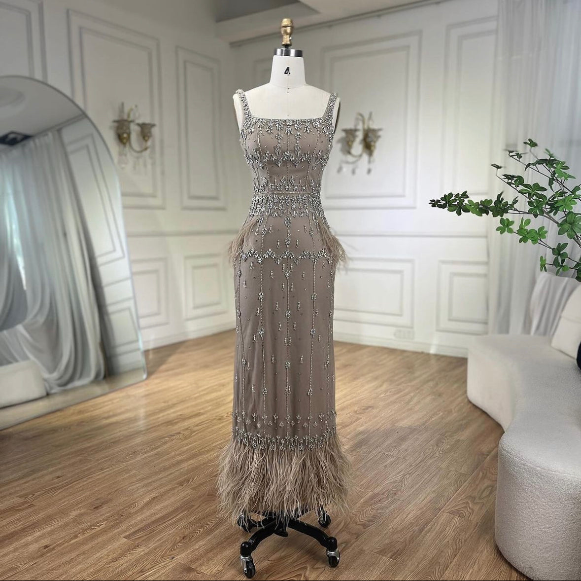 Luxury Beaded Evening Dress Ankle Length Elegant Feather