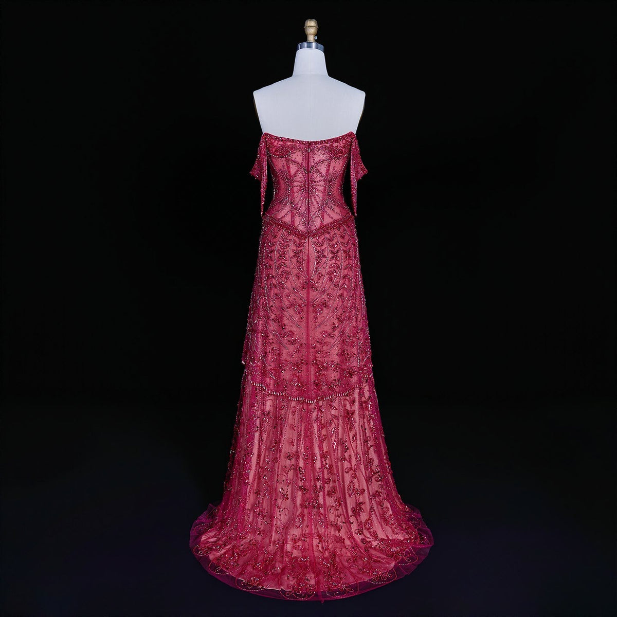 Luxurious Magenta Beaded Strapless Gown with Shoulder Beaded Fringe
