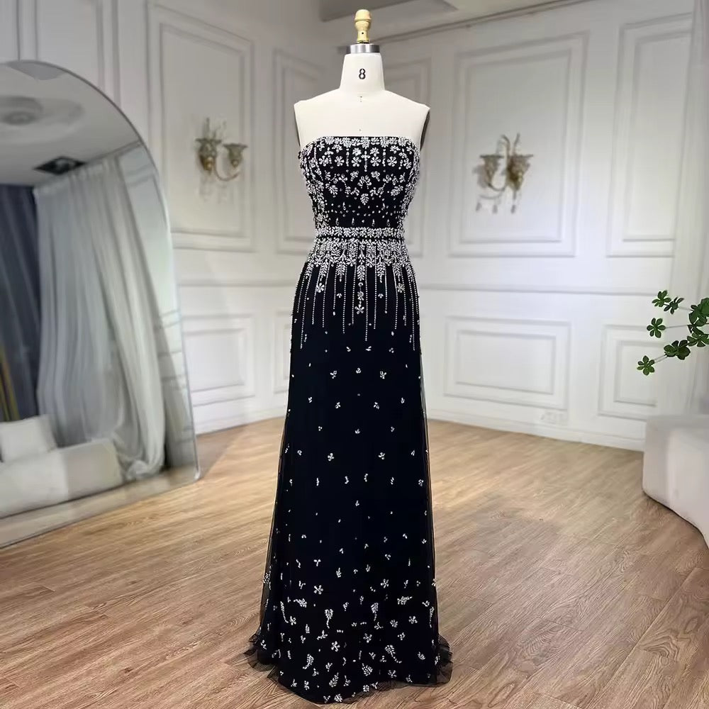 Black Puff Sleeves Evening Dress Gowns Beaded
