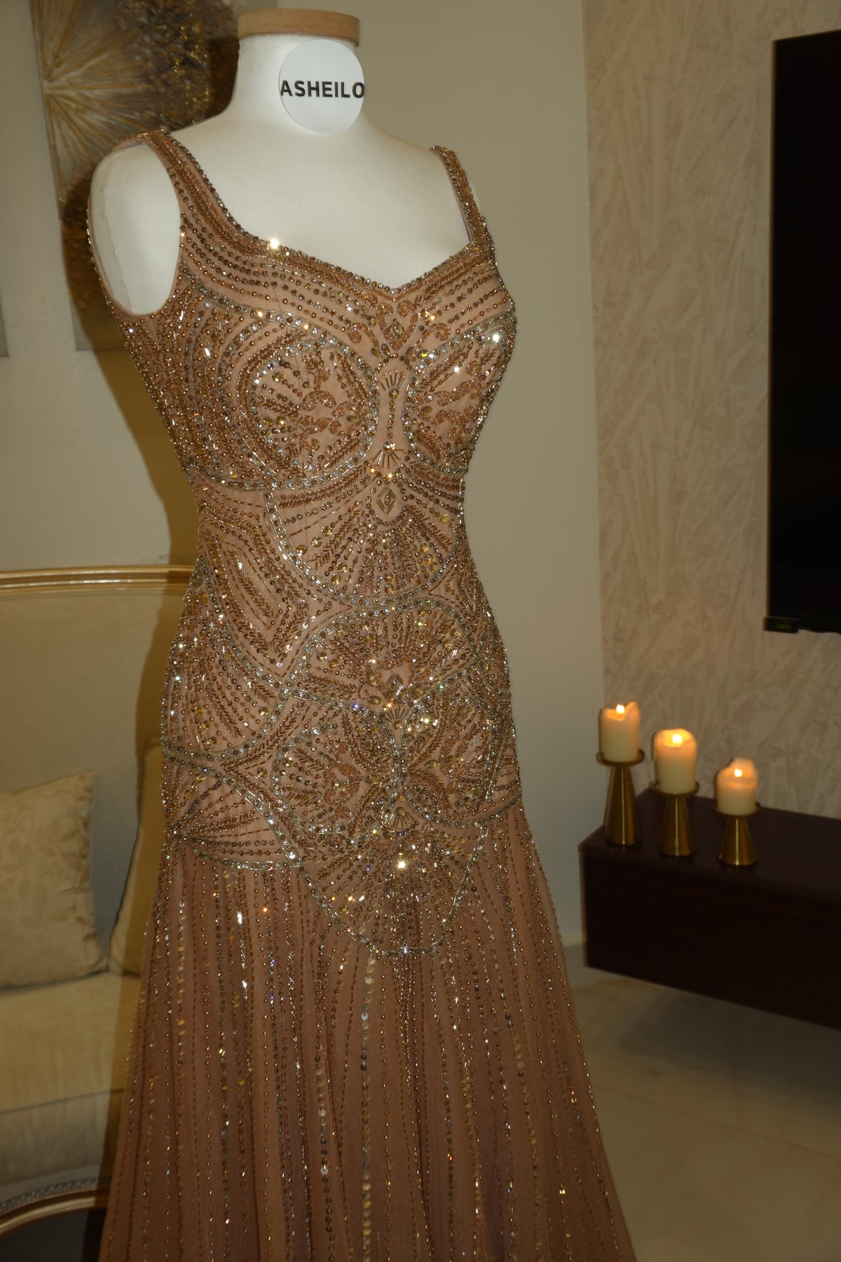 Hand-Embroidered Champagne Couture Gown