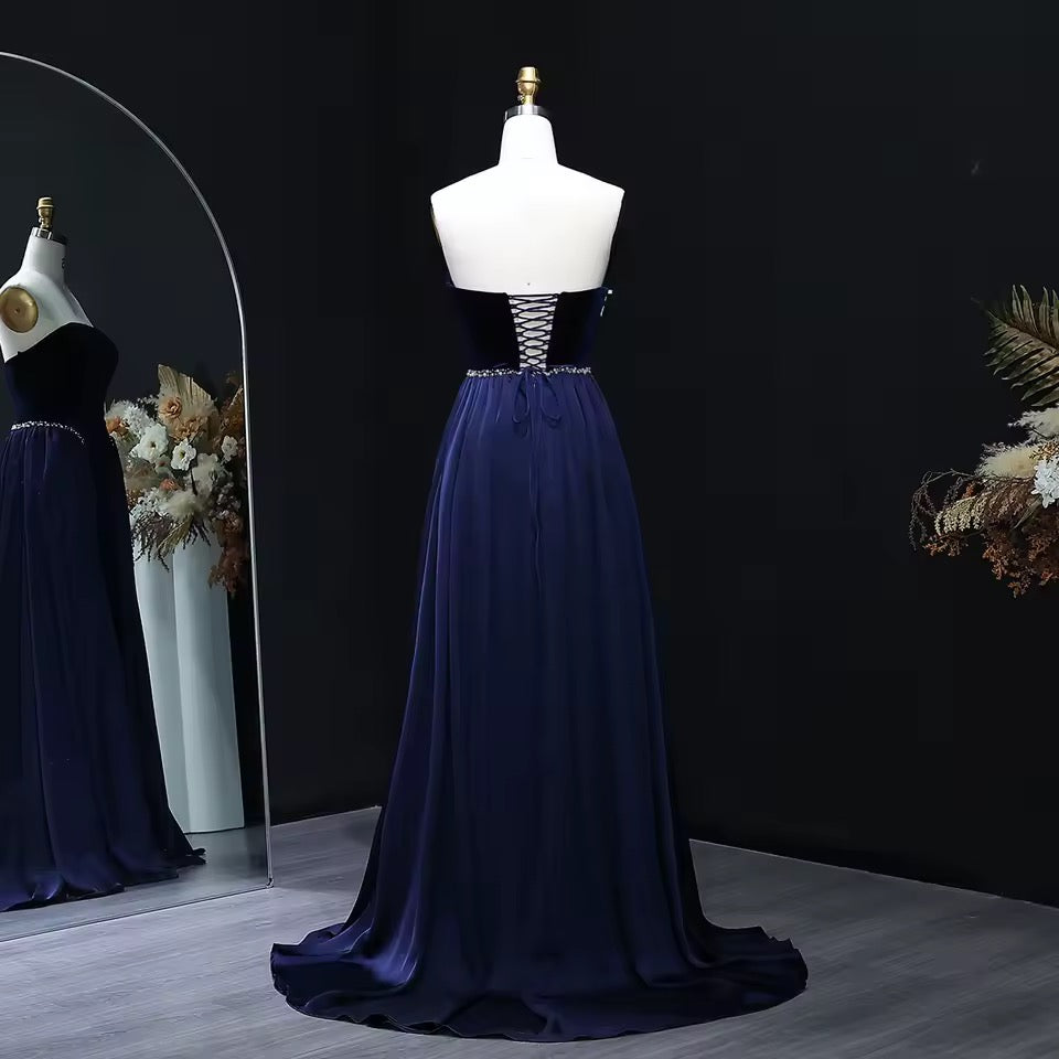 Velvet Strapless Gown with Draped Chiffon Panels and Crystal-Embellished Waist
