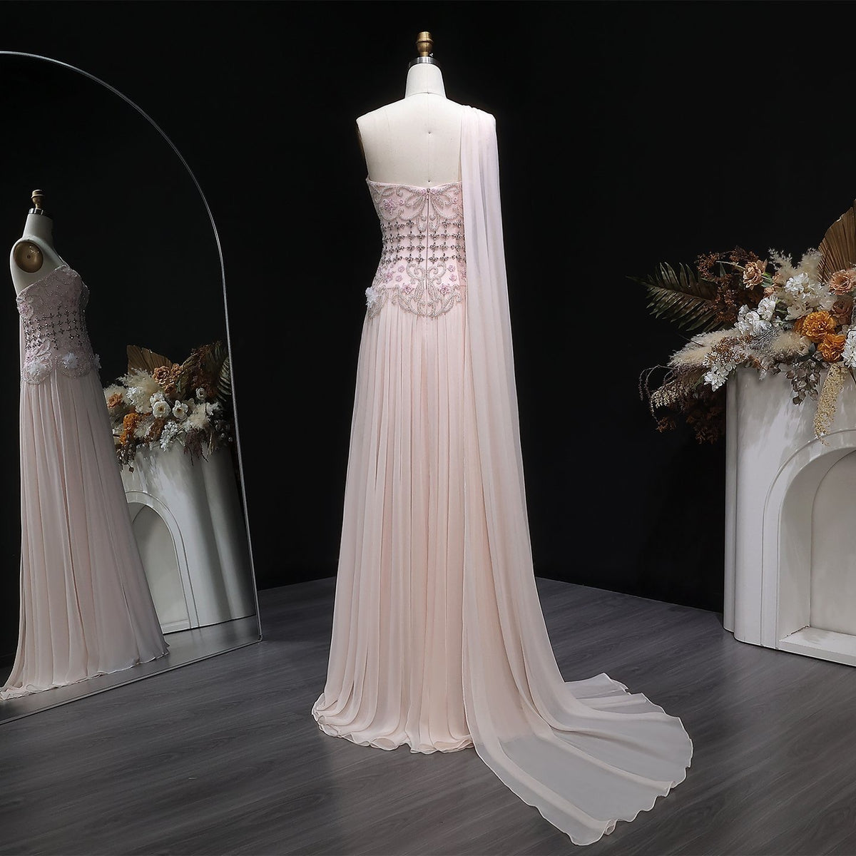 Dusty Pink One-Shoulder Beaded A-Line Evening Dress