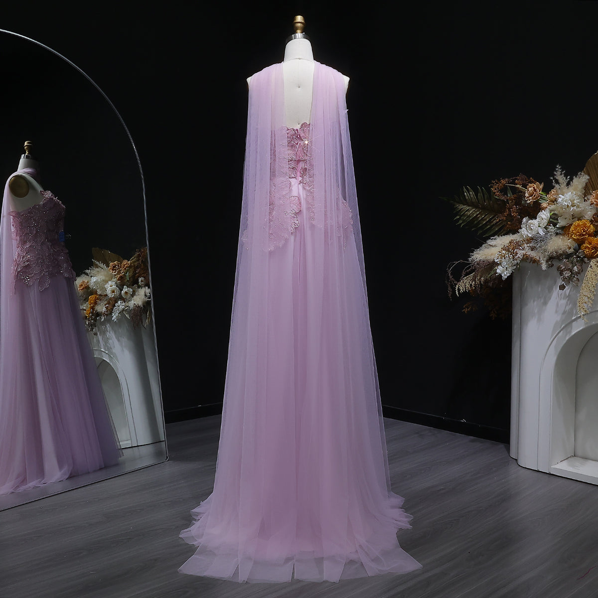 Lavender Tulle Gown with 3D Floral Appliques and Matching Neck Wrap