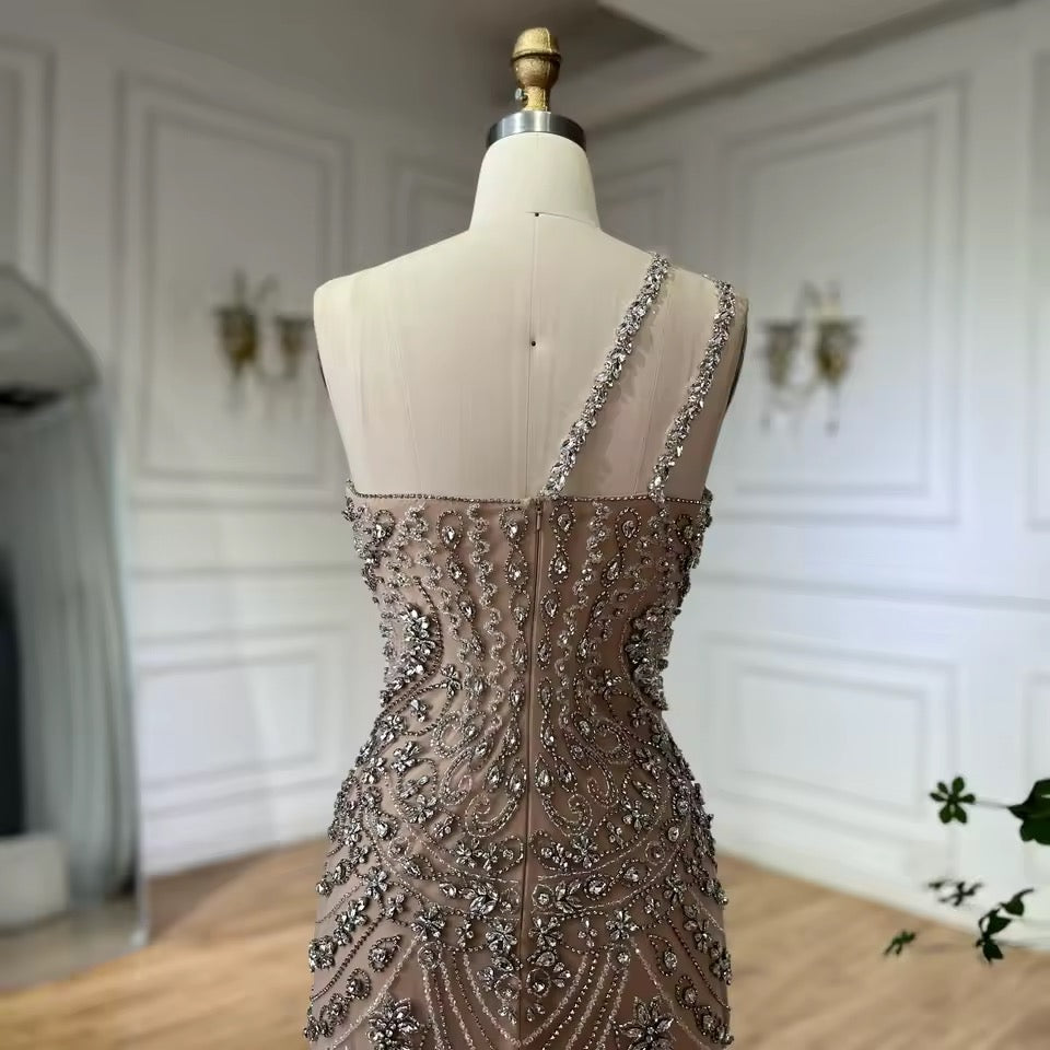 “Crystal Symphony” Gown Nude crystal-embellished evening dress with asymmetric strap
