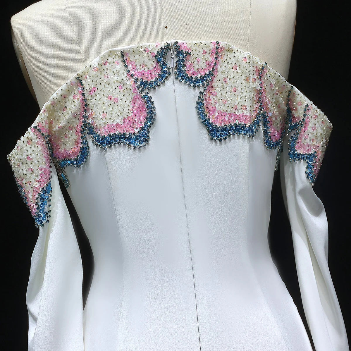 “Petal Edge” Sleek Gown with Off-Shoulder Sleeves and Crystal Floral Embroidery