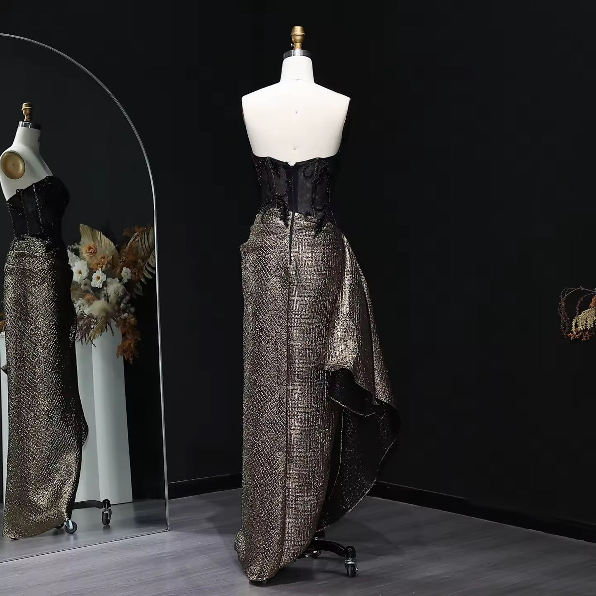 Strapless Sequin Evening Dress with Knot Black