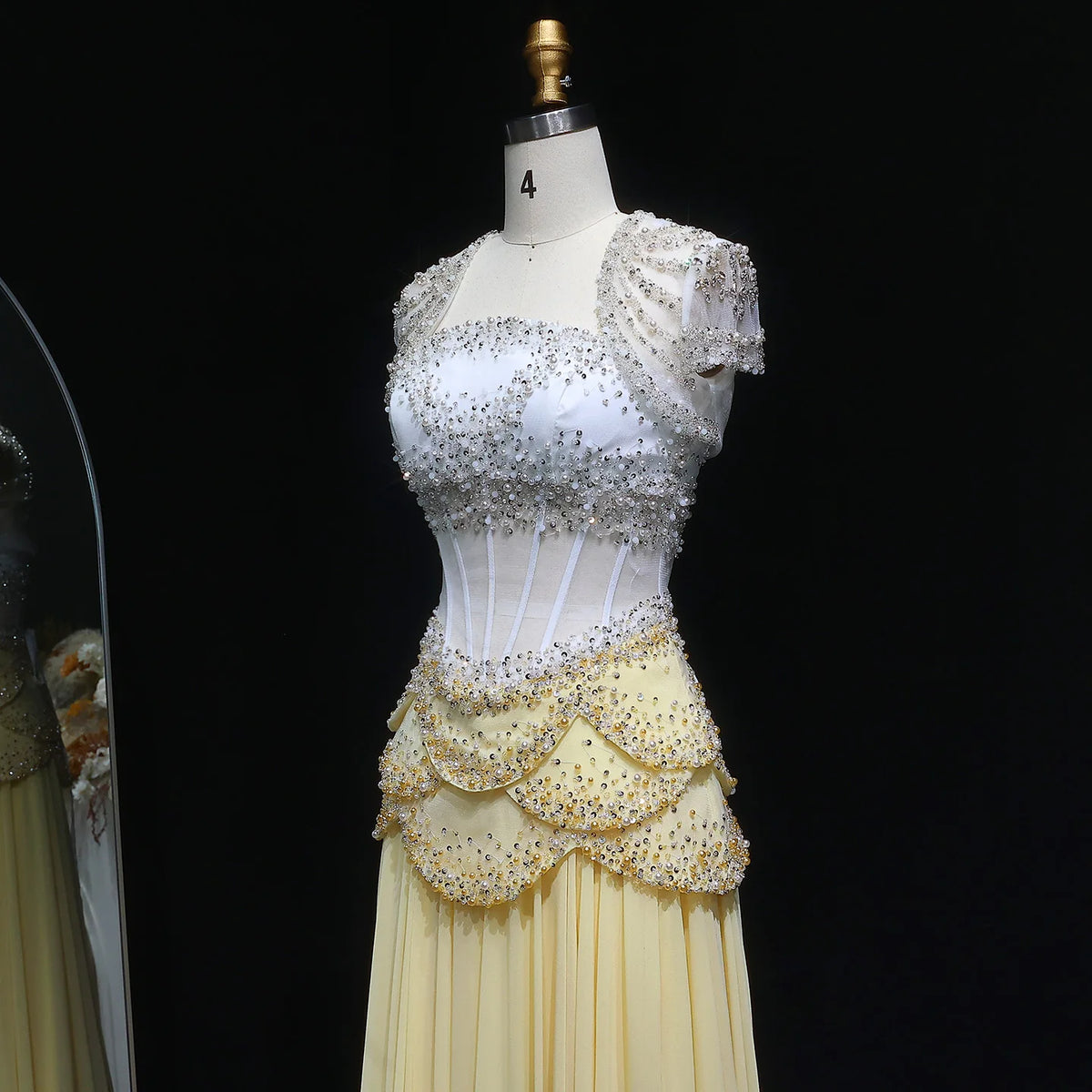 Elegant White & Yellow Chiffon Corset Dress with Short-Sleeve Jacket