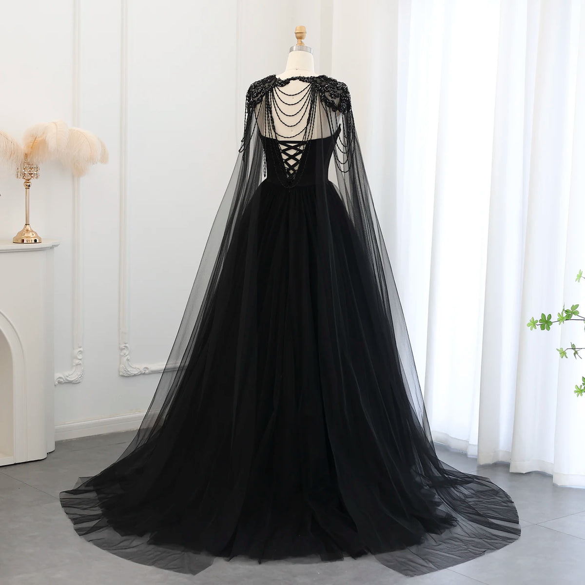 Gothic Tulle Evening Dress with Cape Sleeves Elegant