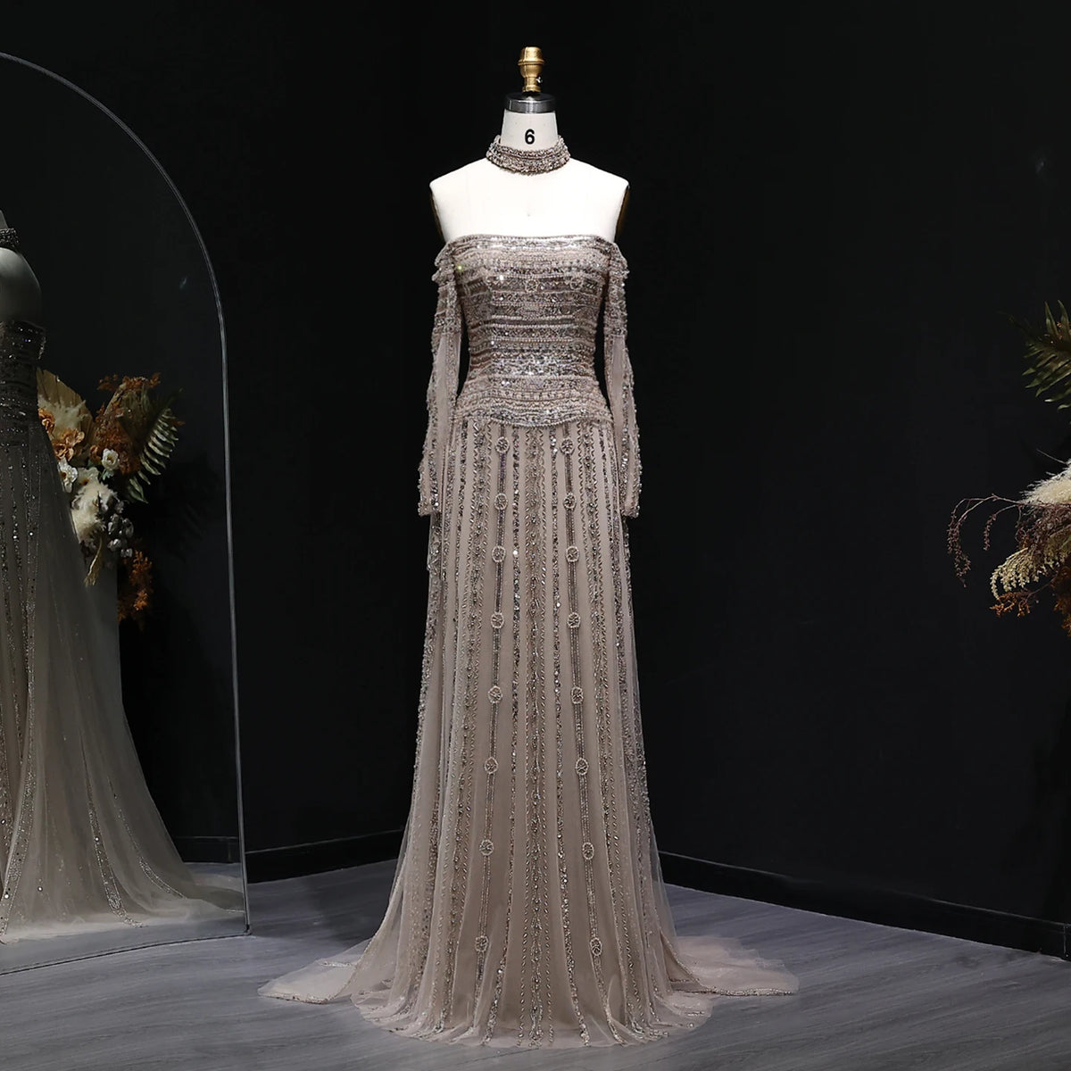 Heavy Beaded Elegant Off Shoulder Evening Dress with Choker Long Sleeves