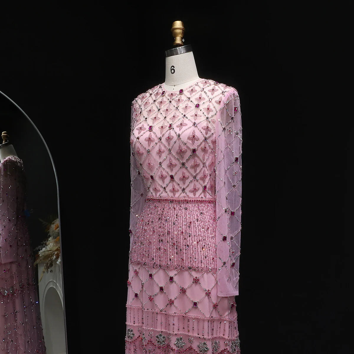 Pink Long-Sleeve Tiered Beaded Gown