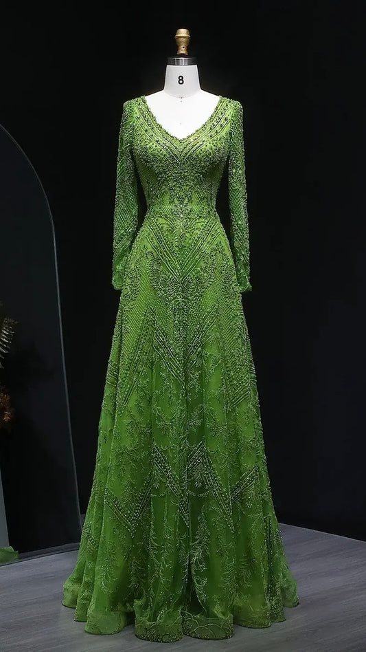 Lime Glow Full-Crystal Gown with Long Sleeves and V-Neckline