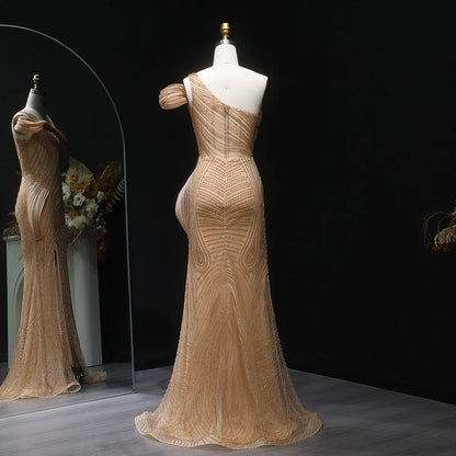“Desert Glow” Gown – Sculpted Design with Golden Beading