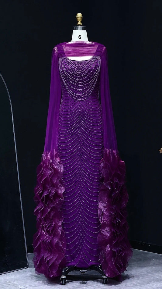 Luxury Beading Purple Evening Dress with Cape Sleeves