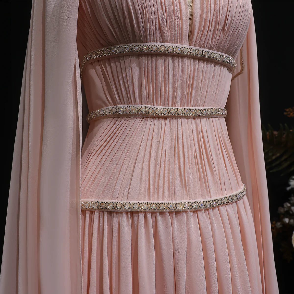 Crystal-Trimmed Cape Evening Dress