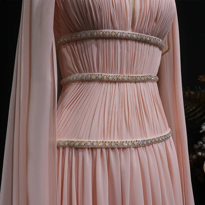 Crystal-Trimmed Cape Evening Dress