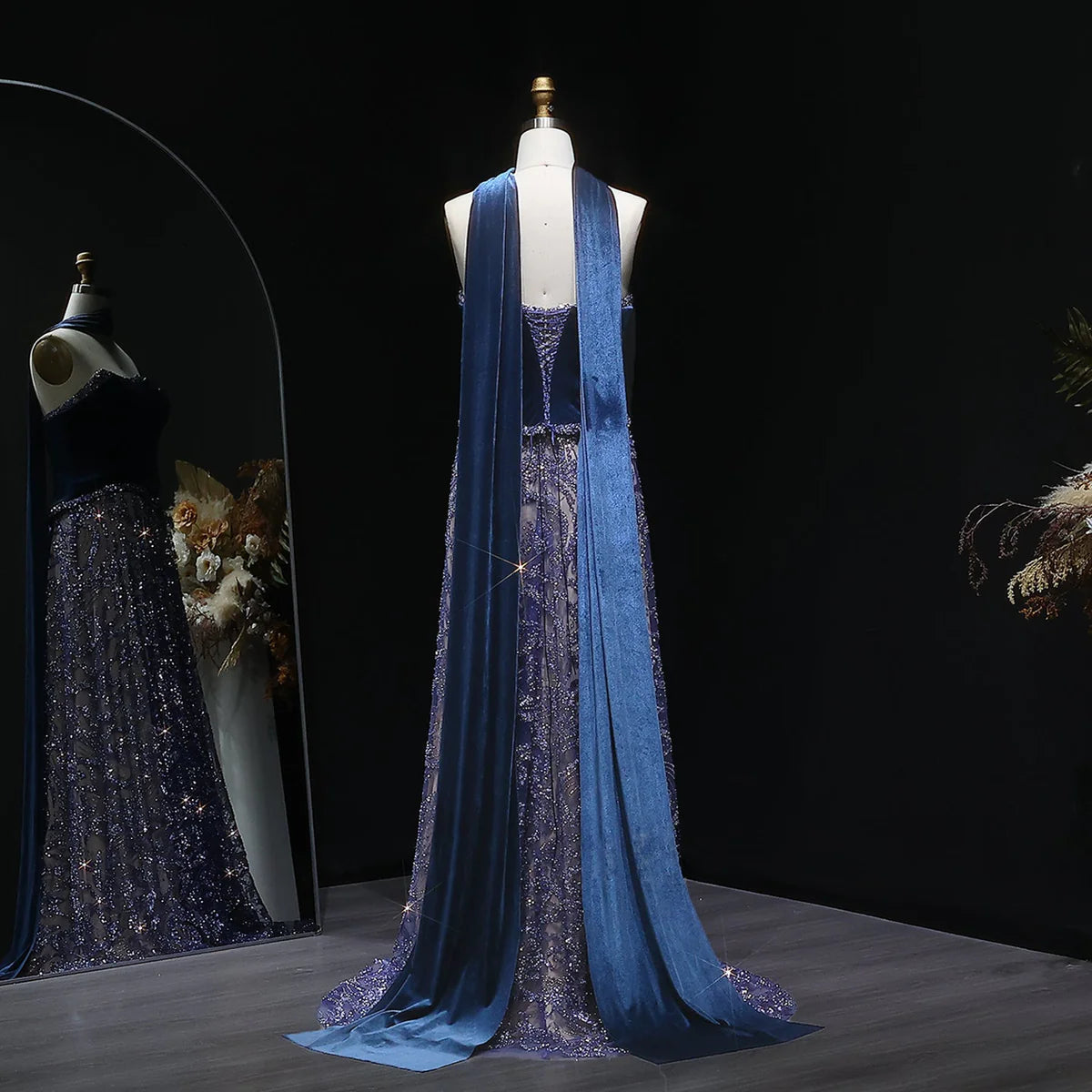 Gown with Velvet Corset & Flowing Scarf Drape