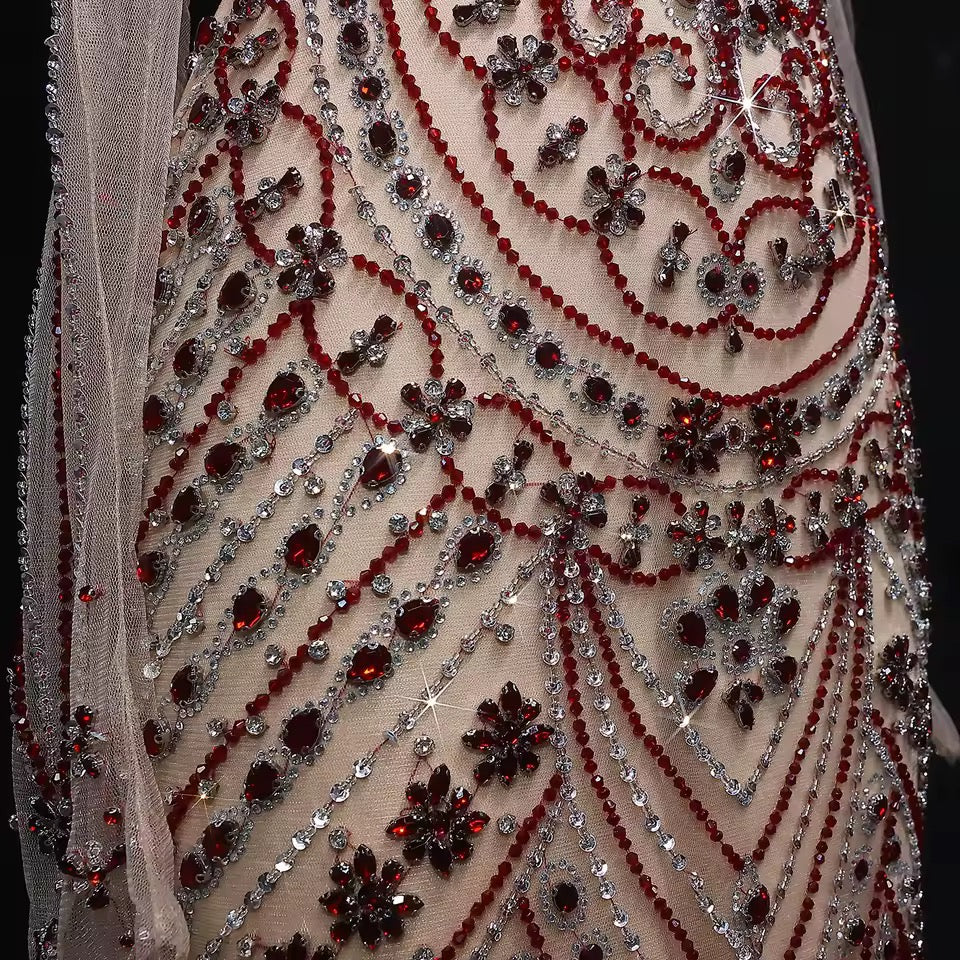 Crystal Embellished Gown with Draped Crystal Gloves and High Neck Cutout Detail