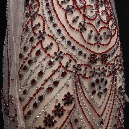 Crystal Embellished Gown with Draped Crystal Gloves and High Neck Cutout Detail