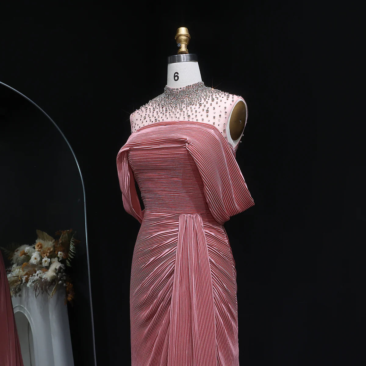 Crystal-Neckline Pleated Satin Gown