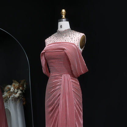 Crystal-Neckline Pleated Satin Gown