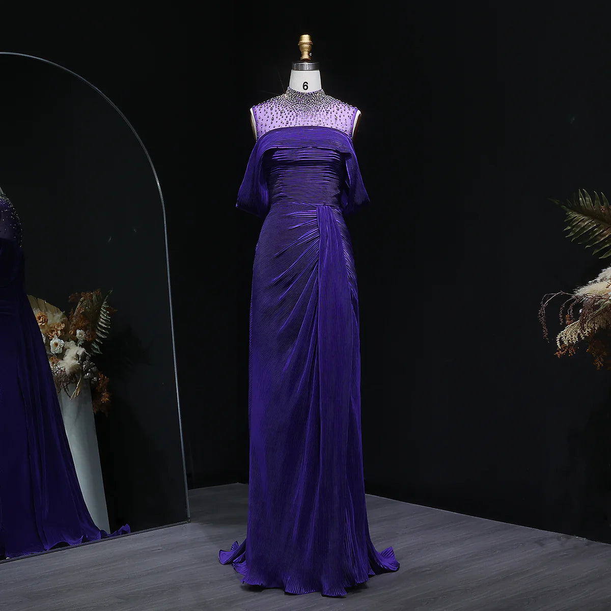 Crystal-Neckline Pleated Satin Gown