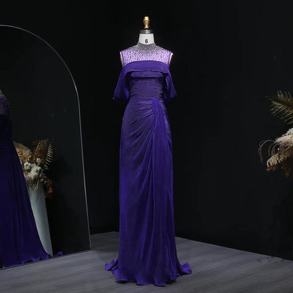 Crystal-Neckline Pleated Satin Gown