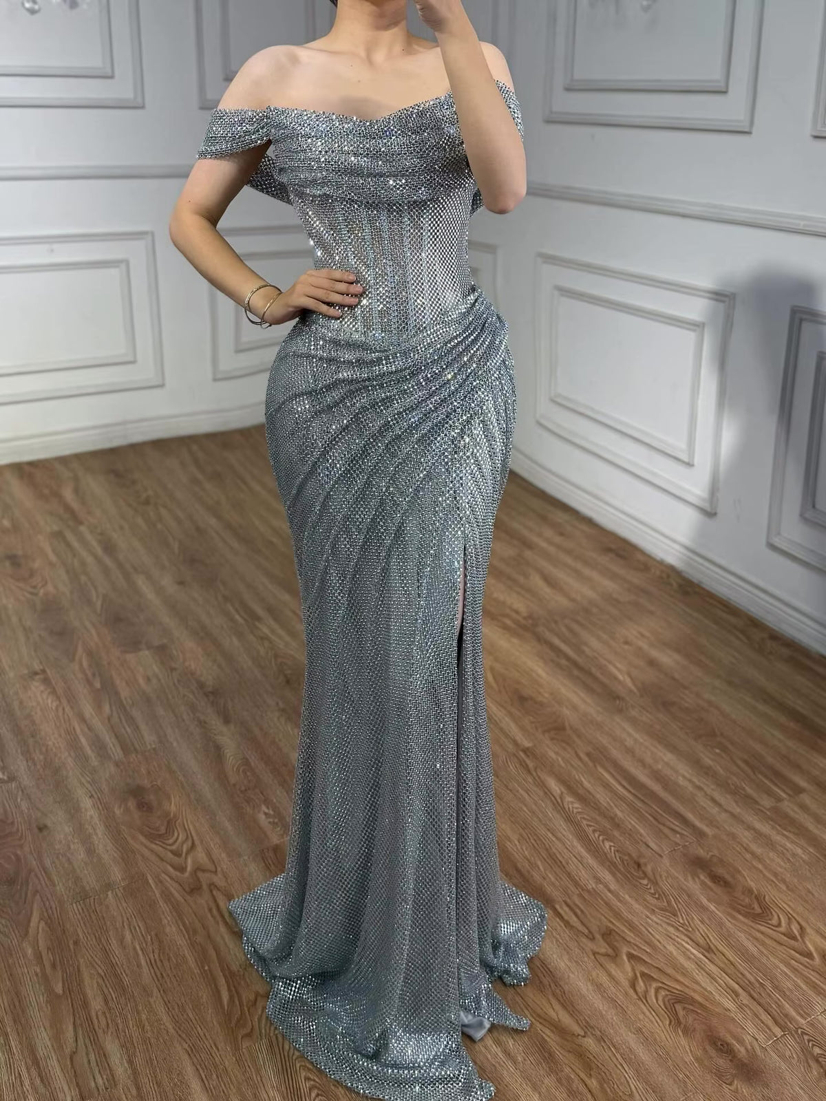 Silver Diamond Off-Shoulder Mermaid Dress