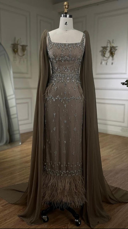 Luxury Beaded Evening Dress Ankle Length Elegant Feather
