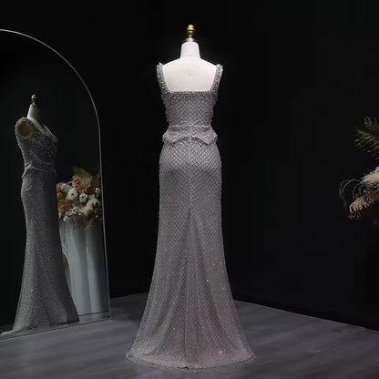 Luxury Beaded Crystal Long Straight Evening Dress