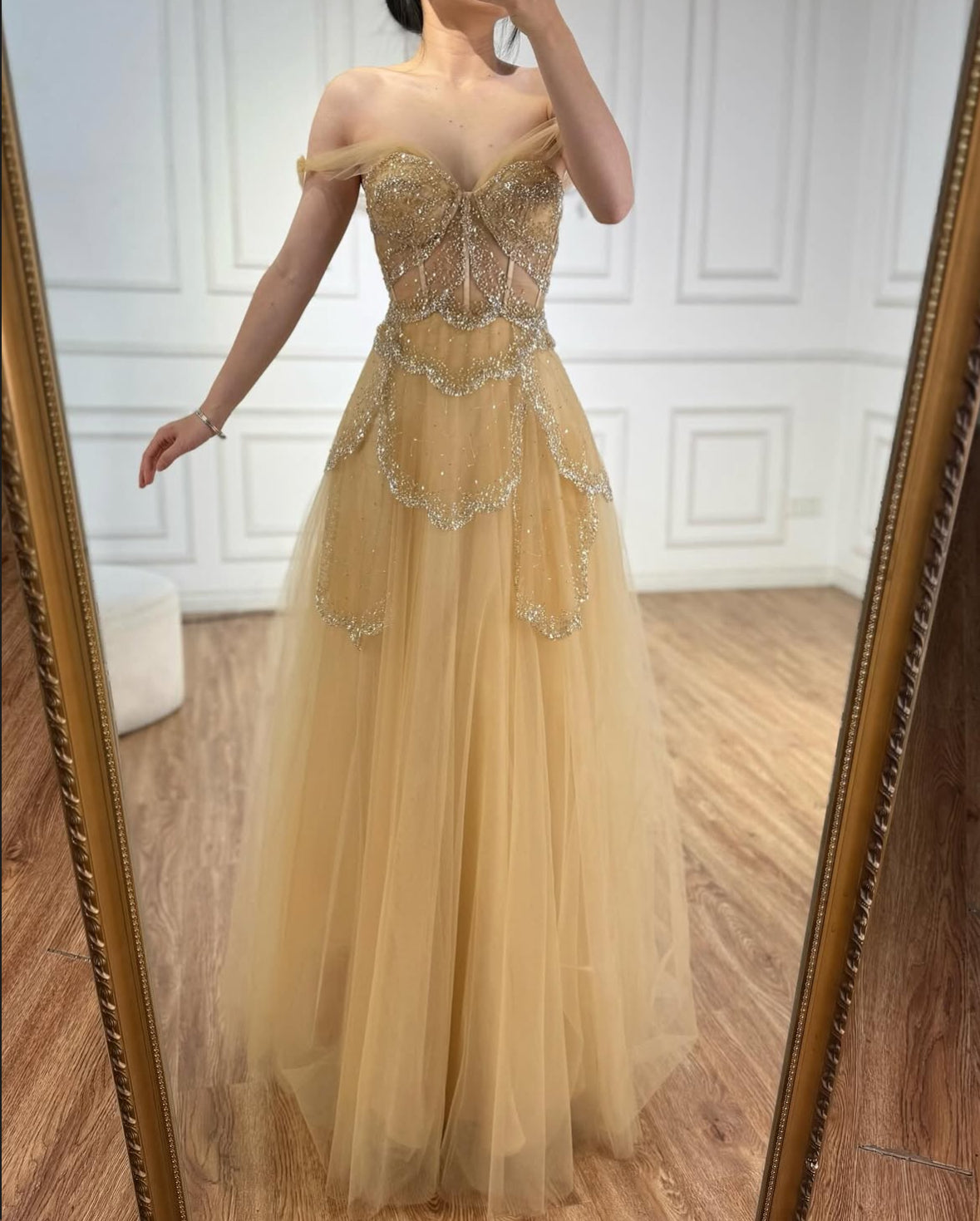 A-Line Elegant Spaghetti Strap Luxury Beaded Evening Dress