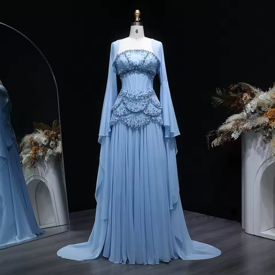 Sky Blue Layered Corset Dress with Pearls and Beads