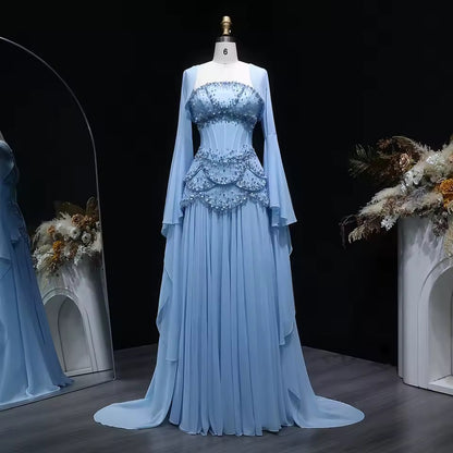 Sky Blue Layered Corset Dress with Pearls and Beads