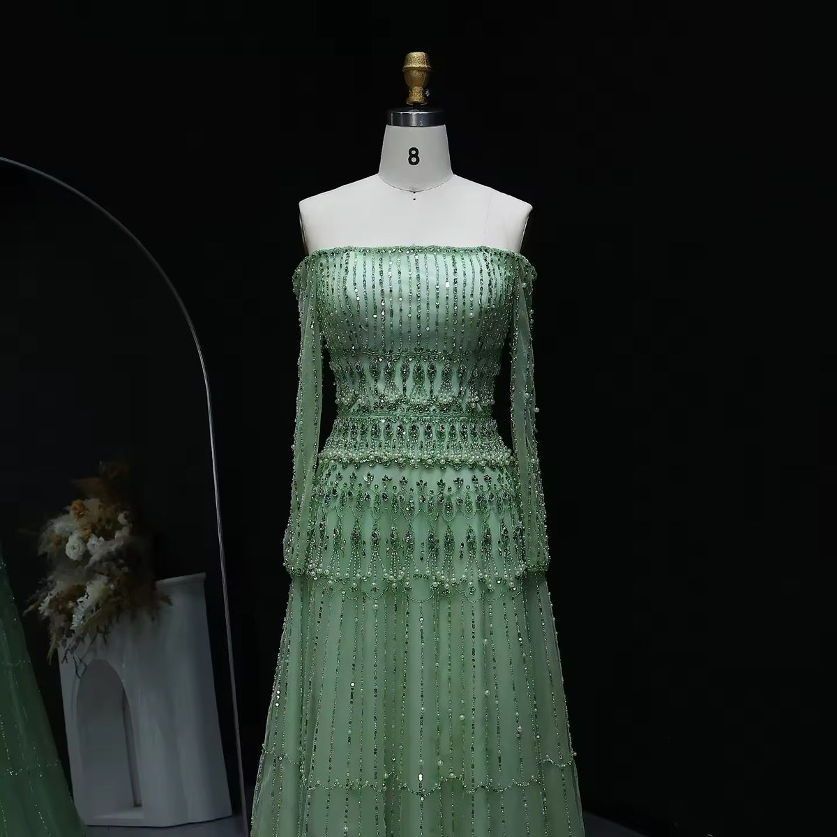 Luxury Beaded Sage Green A-Line Off Shoulder Evening Dress