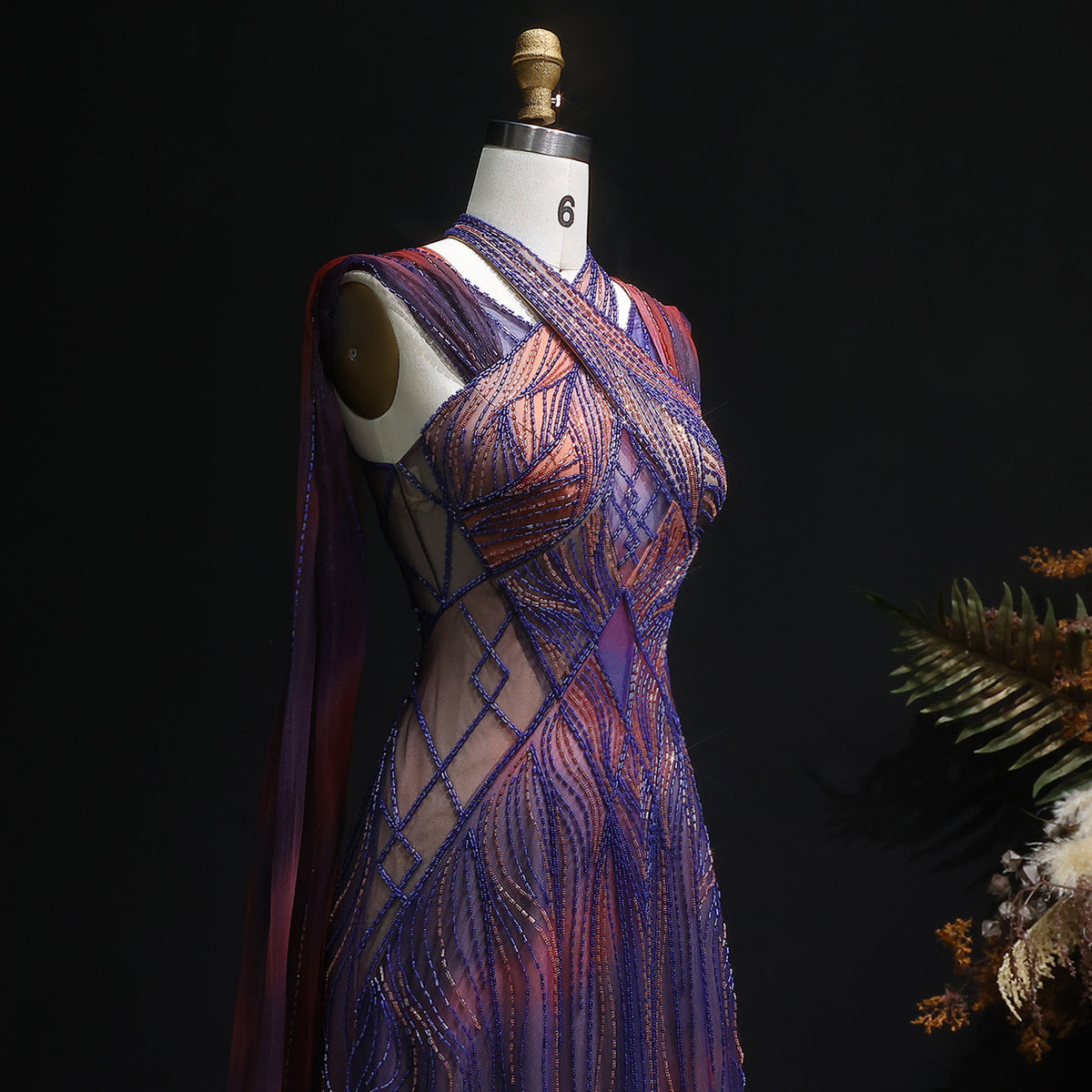 “Sunset Glow” Gown Hand Embroidered Luxury Dress in Violet & Fire Tones with Flowing Cape