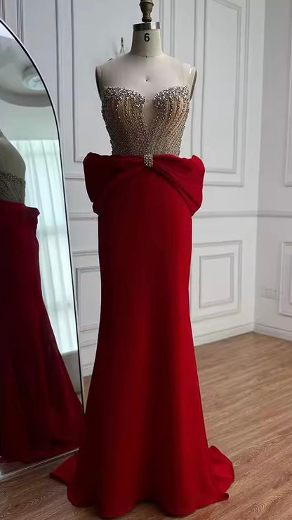 Red Evening Gown with Statement Bow & Luxurious Beading