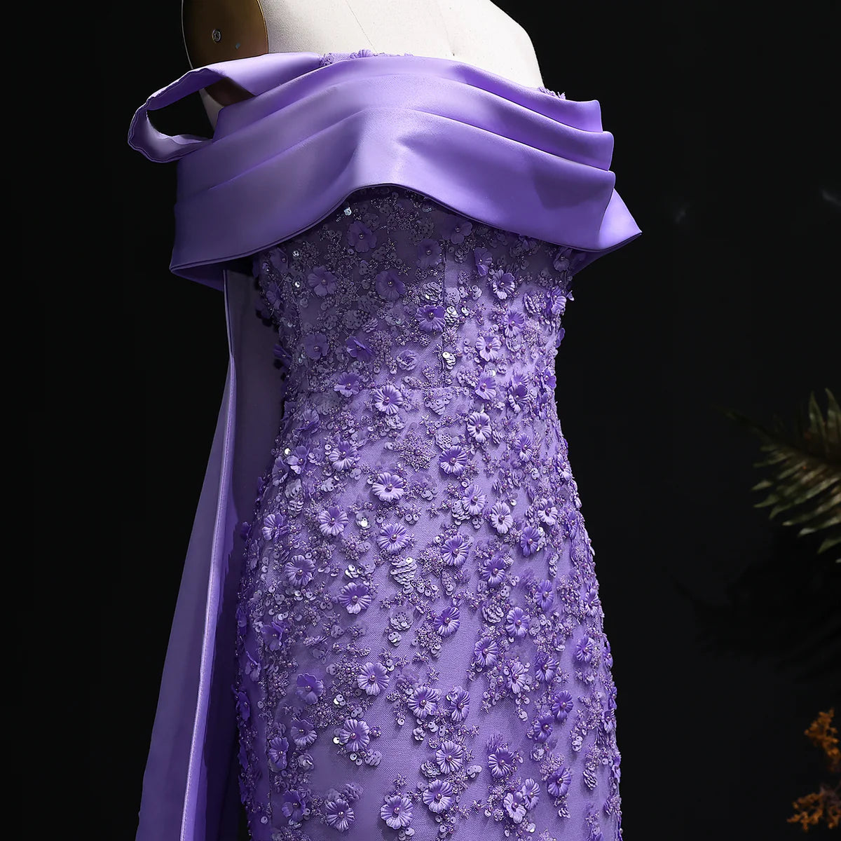 “Lilac Dawn” Gown – Royal Cut with 3D Embroidery & Luxe Train