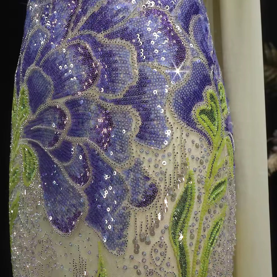 Strapless Floral Sequin Gown with Matching Scarf