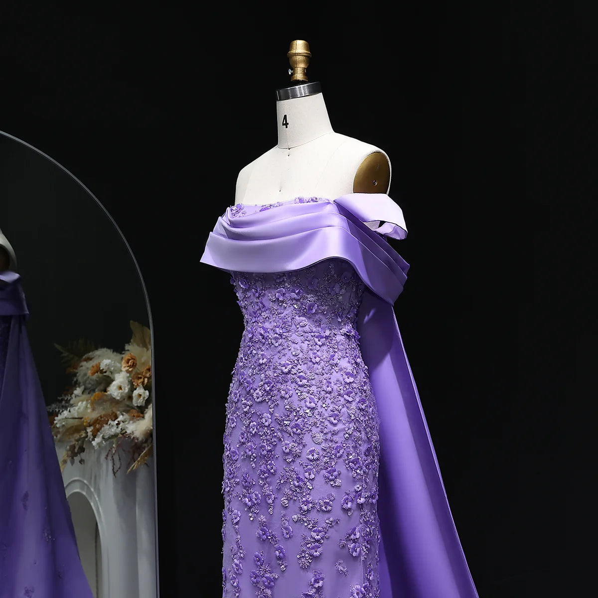 “Lilac Dawn” Gown – Royal Cut with 3D Embroidery & Luxe Train
