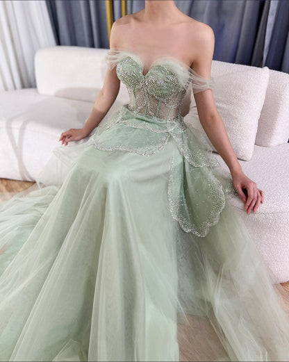 A-Line Elegant Spaghetti Strap Luxury Beaded Evening Dress