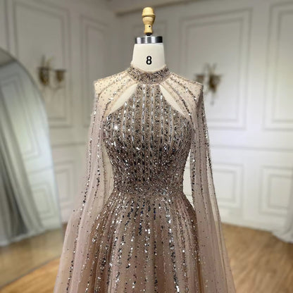 High-Neck Evening Gown with Sparkling Tulle Cape