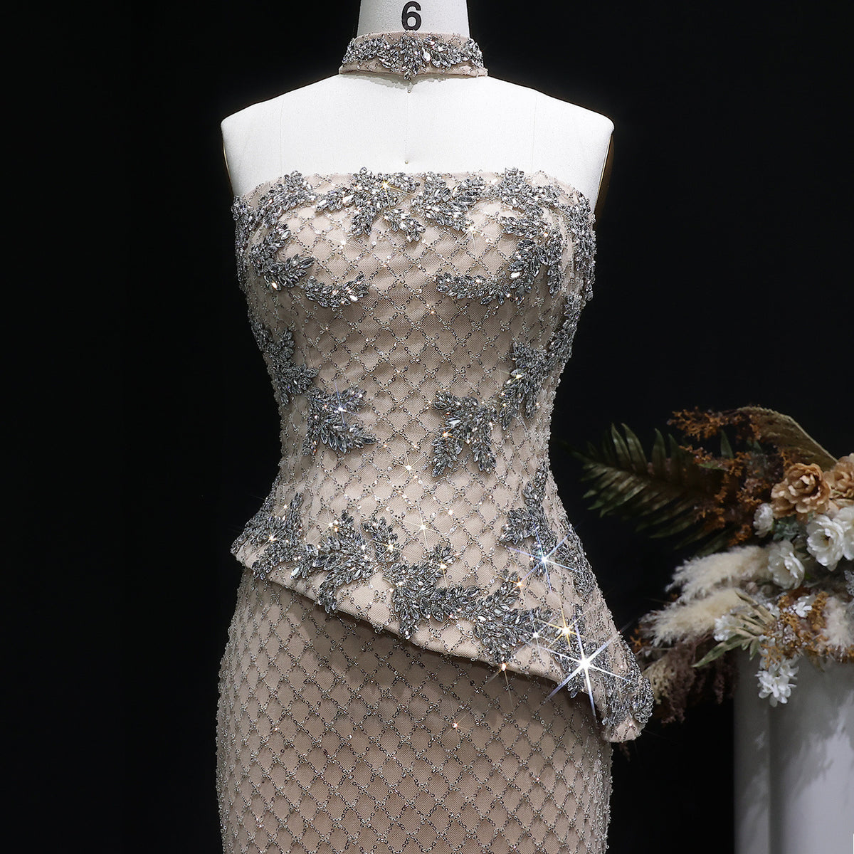 Luxury Silver Crystal Mermaid Evening Dress With Asymmetric Peplum