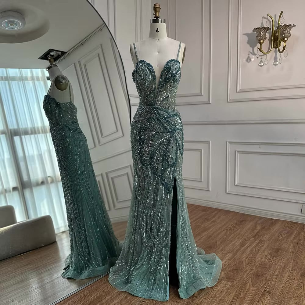Beaded Evening Gown Available in Emerald Green & Nude