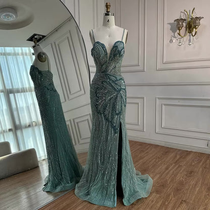 Beaded Evening Gown Available in Emerald Green & Nude