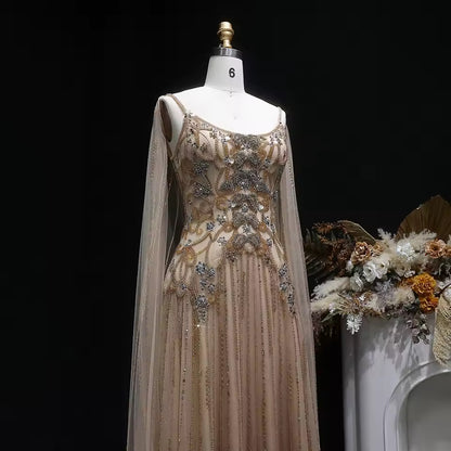 Luxury Champagne Crystal Evening Gown with Sheer Cape