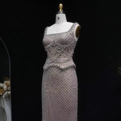 Luxury Beaded Crystal Long Straight Evening Dress