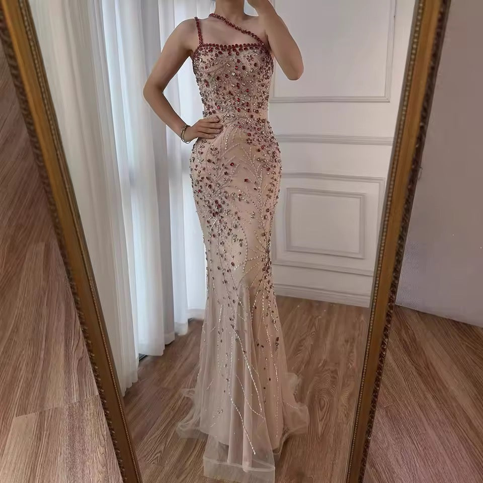 “Cherry Sparkle” Gown Red Crystal Beaded One-Shoulder Design