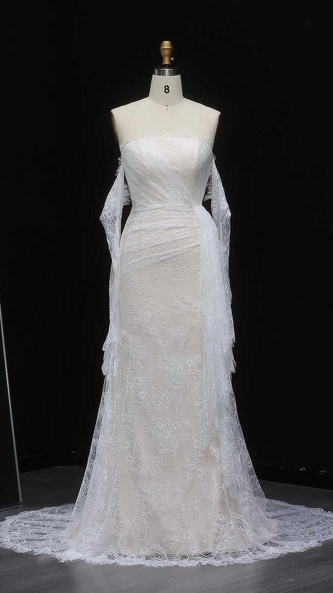 ‏Elegant Luxury Lace Dress with Detached Sleeves